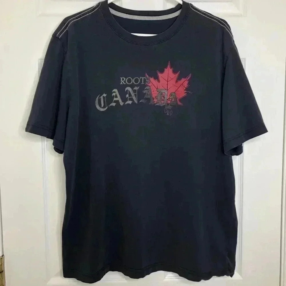 Roots T-Shirt Blue With  Maple Leaf Size Large